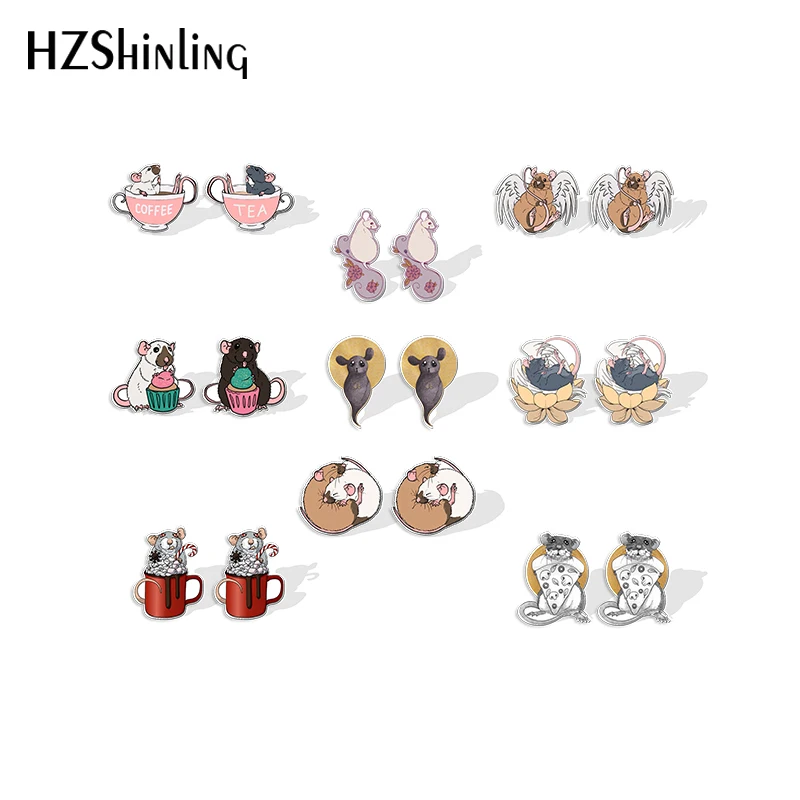 2023 New Coffee or Tea Rat Stud Earring Cute Mouse Acrylic Resin Earrings Epoxy Handmade Jewelry Gifts Friends