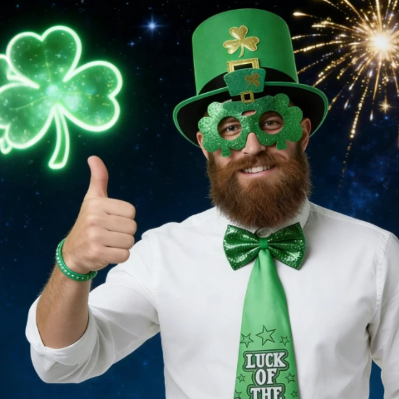 Akcesoria na Szczęśliwy Dzień Świętego Patryka: Kapelusz leprechauna, brokatowe okulary, krawat i muszka – świąteczny irlandzki zestaw do świętowania