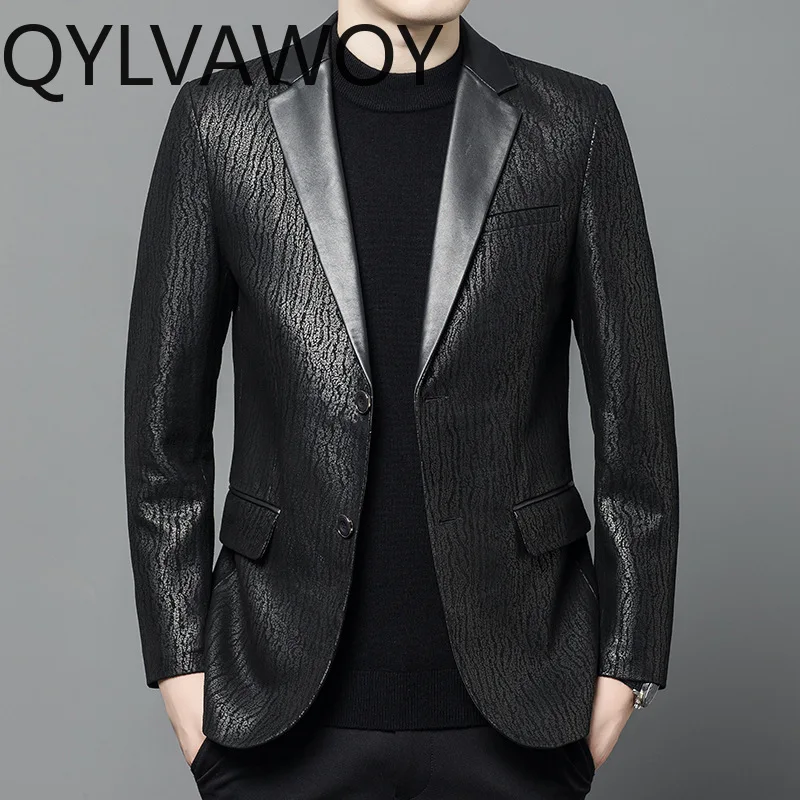 QYLVAWOY Real Sheepskin Leather Jackets Man Spring Autumn Blazer Masculino Leather Coats Bark Pattern Blazer for Man Chaquetas