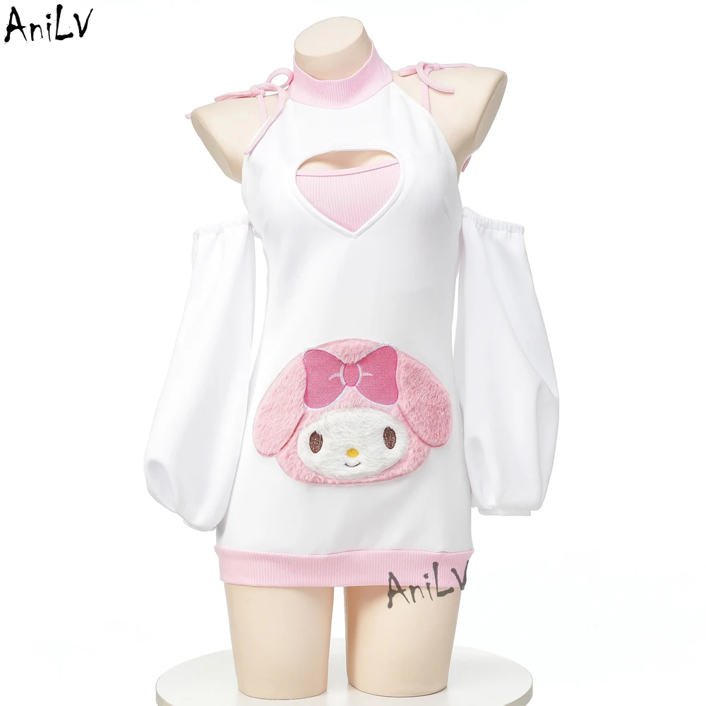 AniLV Lolita Gir Cute Sheep Sweater Maid Unifrom Cosplay Women Love Hollow  Short Dress Outfits Costume