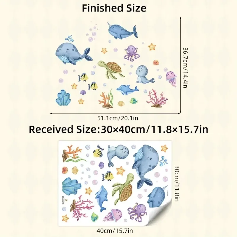Cute Cartoon Marine Animal Wall Stickers Whales Turtles Dolphins for Kids Room Bathroom Waterproof Bathtub Background Decor