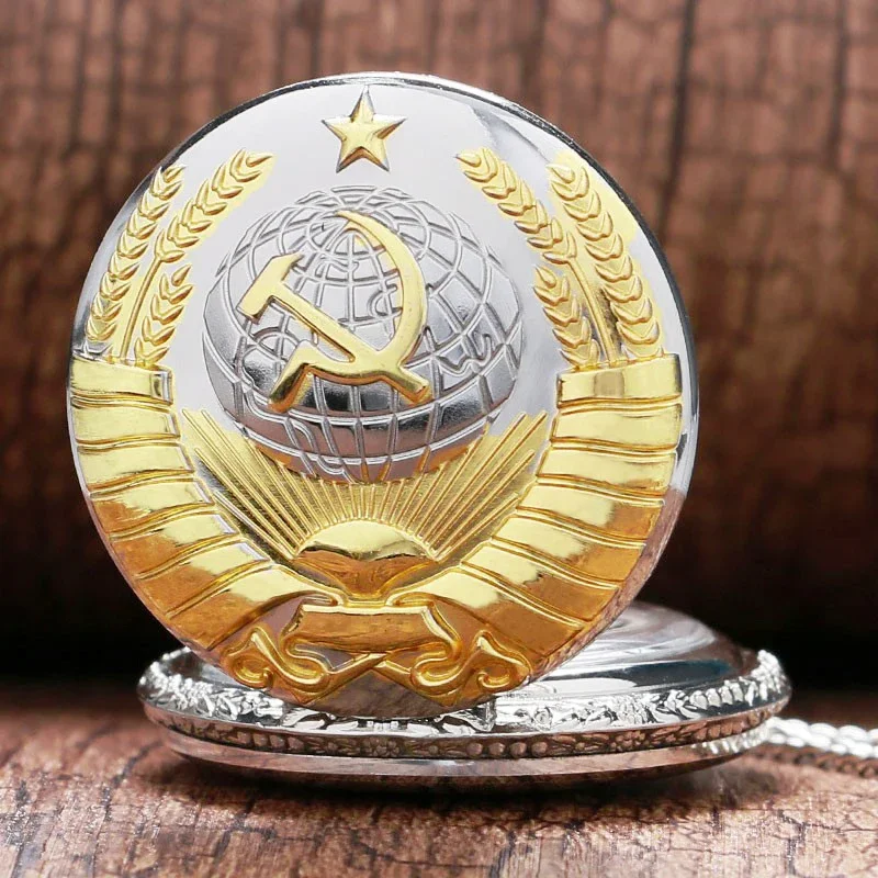 Vintage USSR Soviet Badges Sickle Hammer Pocket Watch Necklace Bronze Pendant Chain Quartz Clock Fashion Emblem Women Men Gift