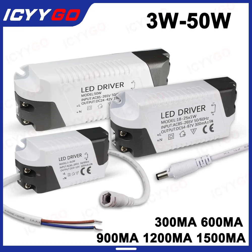 

LED Driver 3W 4-7W 8-12W 12-18W 18-24W 25-36W 50W AC85-265V 300MA 600MA 900MA 1200MA 1500MA Constant Current LED Driver DC Plug