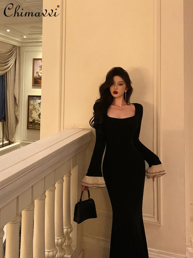 French Elegant Retro Square Neck Splicing Flare Long Sleeve High Waist Slim Big Swing Black Fishtail Long Dress For Women Autumn