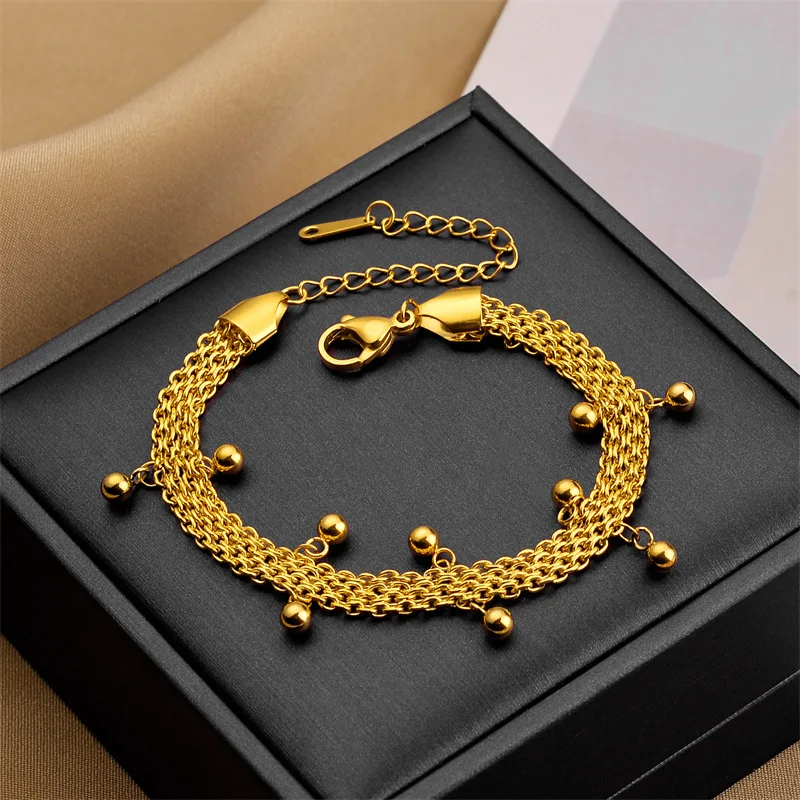 DIEYURO 316L Stainless Steel Gold Color Multilayer Chain Bracelet For Women Vintage Girls Ball Charms Wrist Jewelry Party Gifts