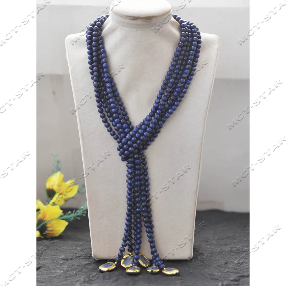 

Z14505 3Strands 49'' 20mm Natural Blue Round Lapis Lazuli Necklace Coin Blue-Crystal Pendant