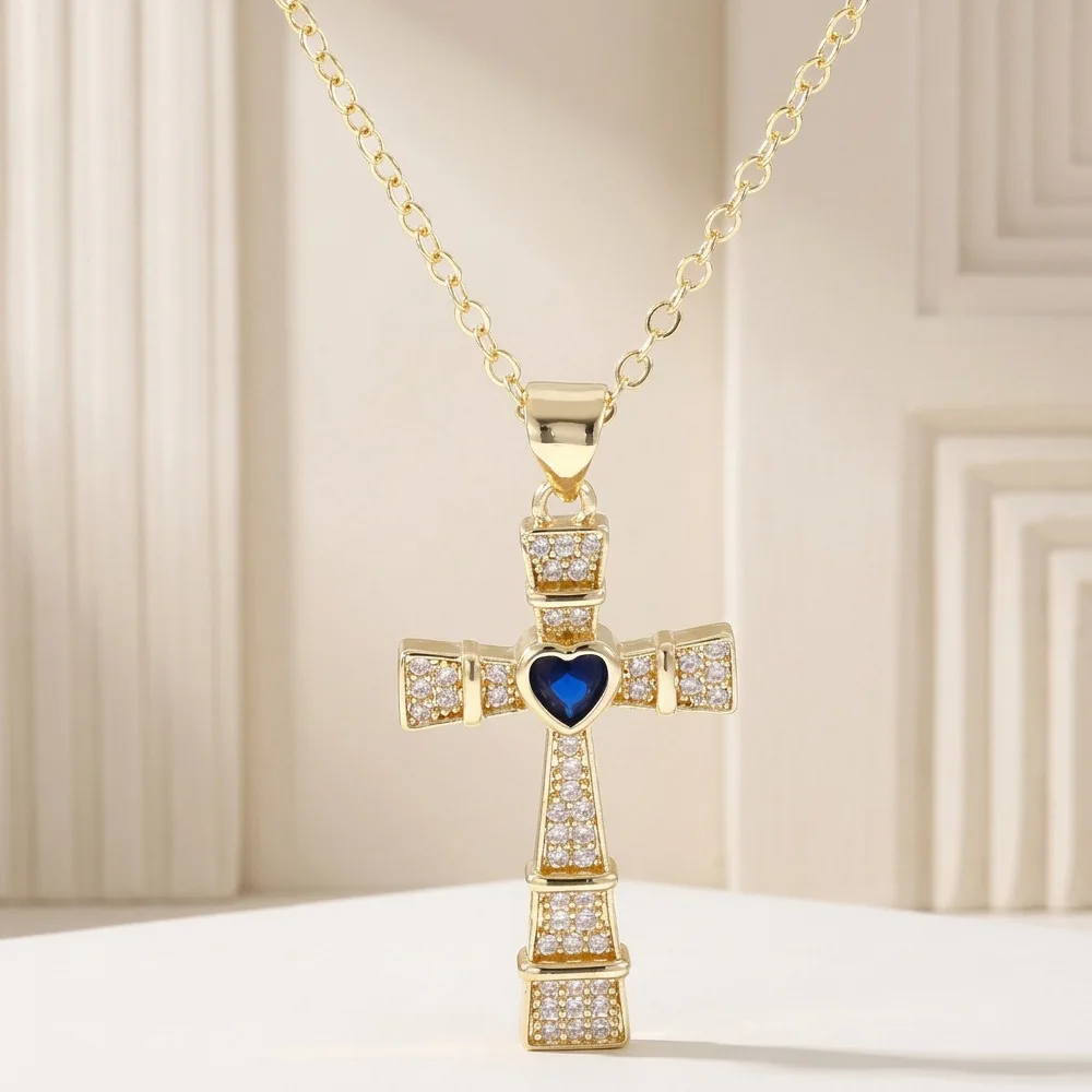 Fashion Cubic Zirconia Cross Pendant Necklace For Women Gold Plated Clavicle Chain Colorful Heart Gem Choker Trendy Lucky Jewelr