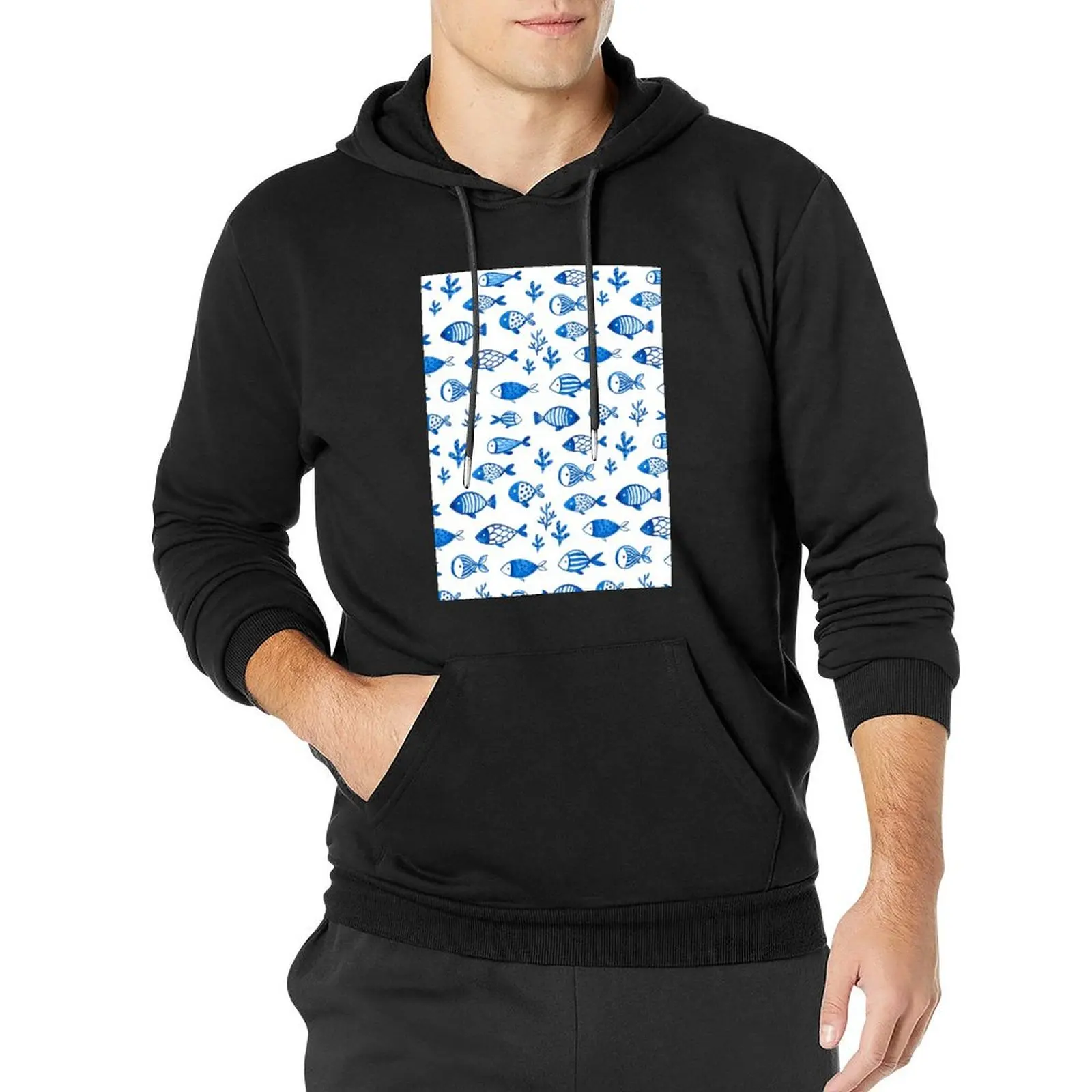 Blue gouache fishes Pullover Hoodie anime clothing men clothes hooded shirt men's winter sweater designer hoodies