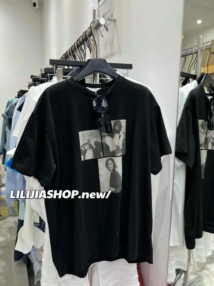 Dongda Gate 2025 Summer New American Loose Versatile round Ne Letter Character Print ort Sve T irt Women Casual Sle