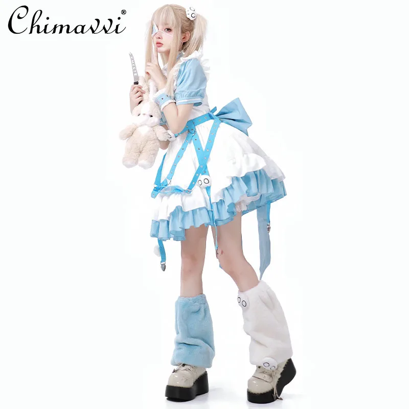 Aqua Subculture Mine Suit Spring and Summer New Japanese Sweet Girl Womens High Waist Short Sleeve Lolita Op Dress and Leg Cover