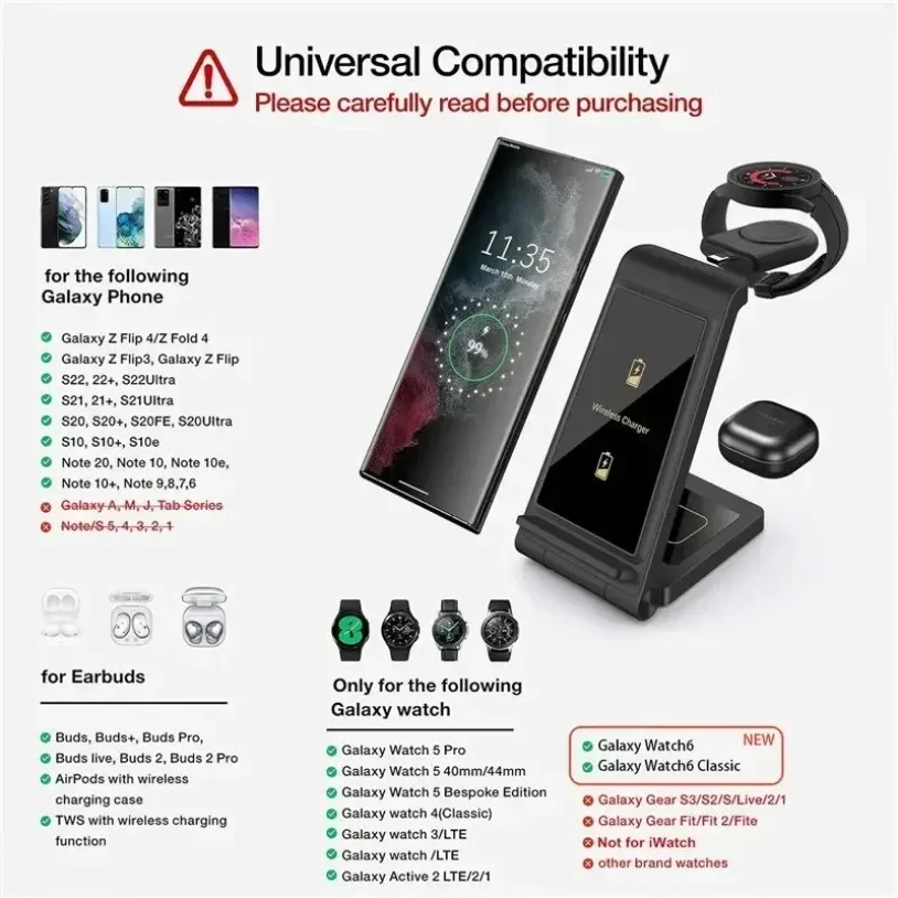 Supporto per caricabatterie wireless 3 in 1 per Samsung S23 Ultra/S22/Note Z Flip Fold per Galaxy Watch 5 4 Active Buds Stazione di ricarica rapida