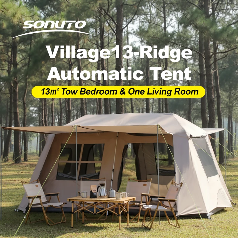 Sonuto 3-8 Personen Automatisches Campingzelt, Schnellaufbau-Hügeltent, Wasserdichtes Doppelhalle-Familienzelt mit Sonnenschutz-Überdachung