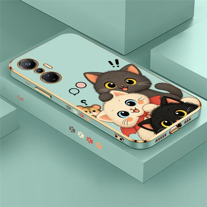 Cute Cartoon Cat Phone Case For Infinix Hot 12 11s 10 9 8 Pro 12i 10 Play Plating Silicone Soft Shockproof Full Protection Funda