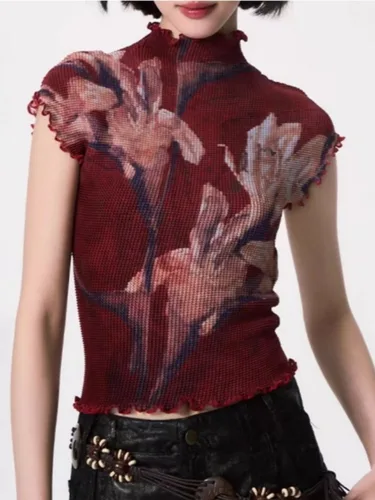 Imagen 2 del producto 2025 verano Retro estampado diseño blusa mujer Y2k nuevo medio cuello alto Casual Tops moda coreana 2000s camisetas delgadas Chic nuevo