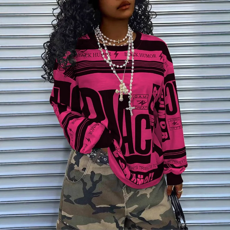 Damen Retro Sport Trend Stil Damen Langarm Sweatshirt Buchstaben Positionierung Druck Lose Pullover