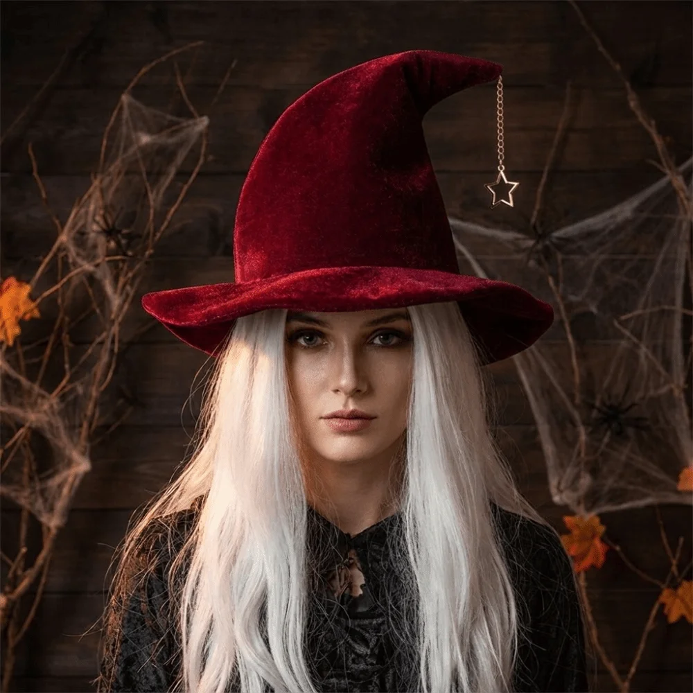 Casual Solid Color Witch Hat Star Pendant Korean Style Wool Bucket Hat Foldable Wizard Cap Halloween Hat Party