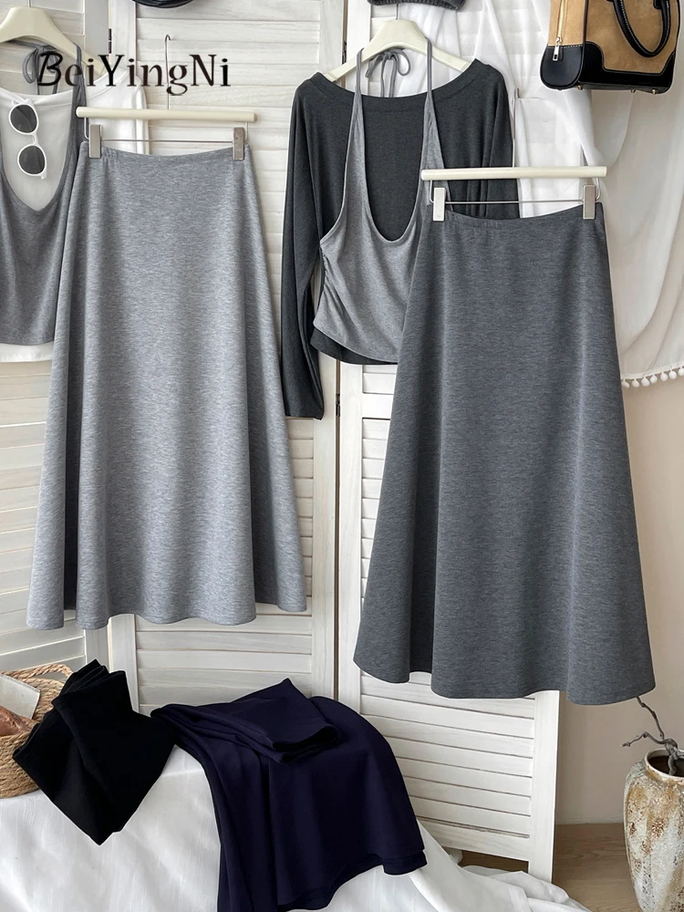 Spódnice damskie Beiyingni jesień-zima, francuskie, eleganckie, vintage, codzienne, z wysokim stanem, długa spódnica w kształcie litery A, elastyczna talia, faldas