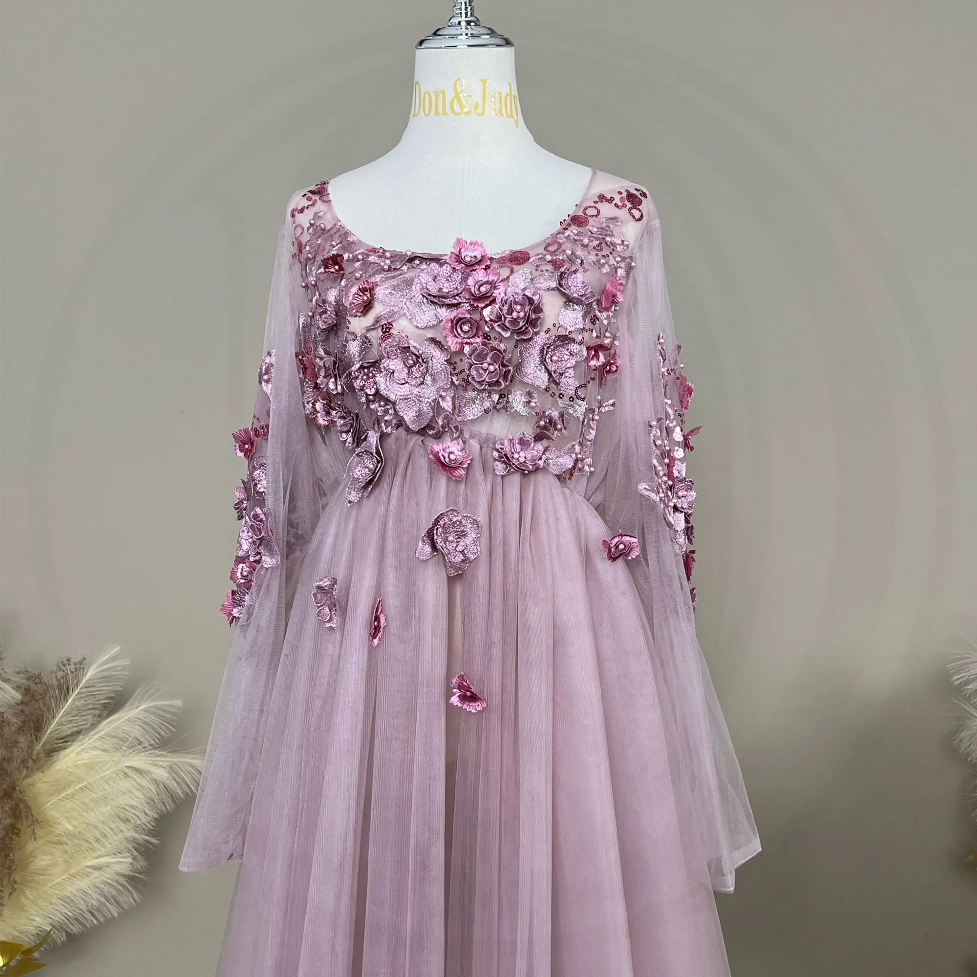 Don&Judy Mauve Tulle Maternity Dress for Photoshoot 3D Flowers Embroidery Pregnancy Gown Party Evening Dress for Pregnant Women