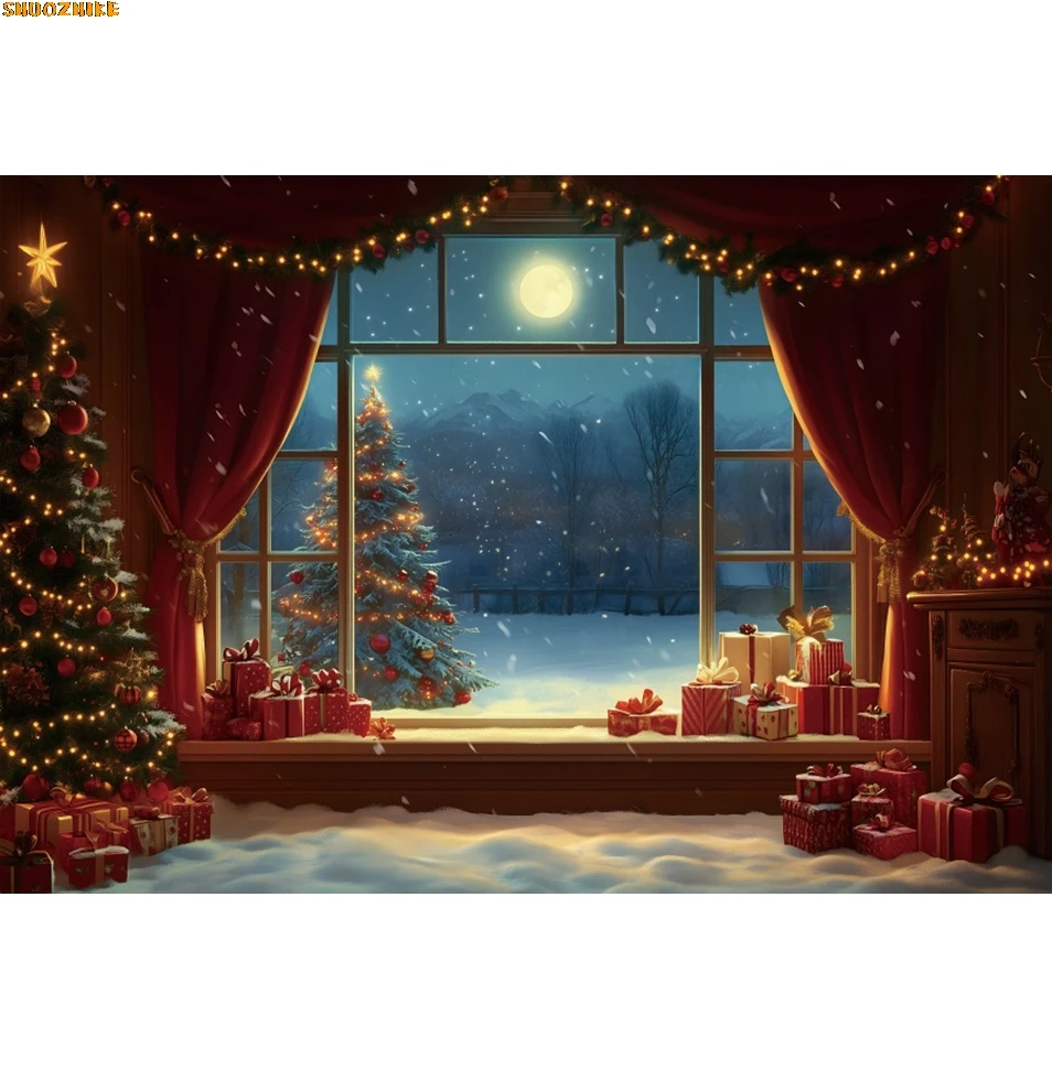 

Christmas Night Moon Window Backdrop Snow Christmas Tree Gifts Kid Portrait Family Photography Background Decor Photostudio Prop