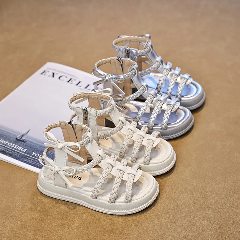 Mädchen Römersandalen mit offener Zehenpartie, geflochten, einfarbig, hochgeschnitten, schlicht, neu, Sommer, hohl, flach, Freizeitschuhe, Kinder, modisch, lässig