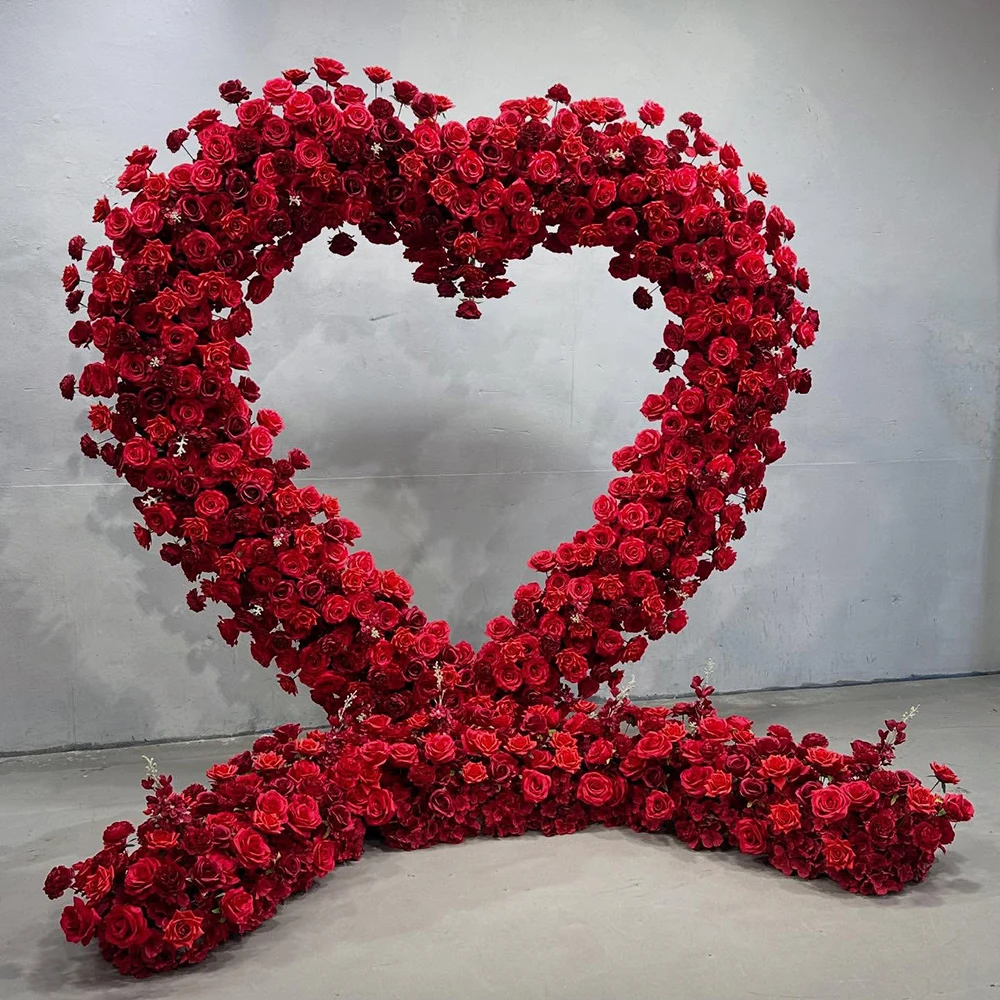 Handmade Realistic White Wedding Flowers Red Roses Centerpieces Heart Arch Bridal Shower Backdrops for Engagement Party