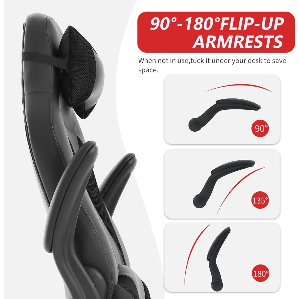 Ergonomic PU Leather Gaming Chair for Adults - Comfortable Computer Desk Chair with Flip-Up Armrests and Long-Term Use Support