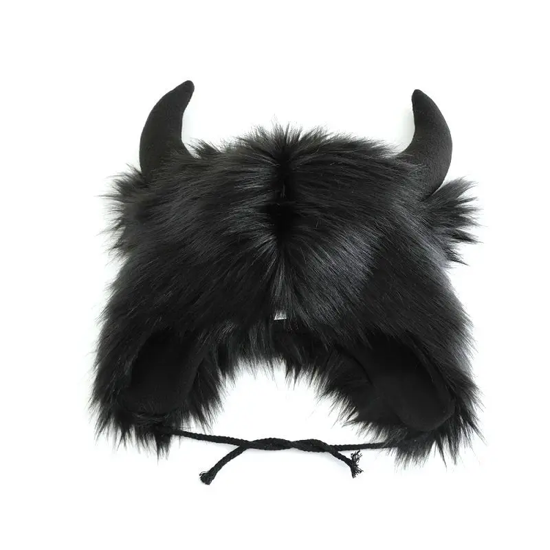 Role Play Cow Hat Earflap Protection Bomber Windproof Horn Cap Cosplay Costume for Women Men Fluffy Halloween Devil Gorras