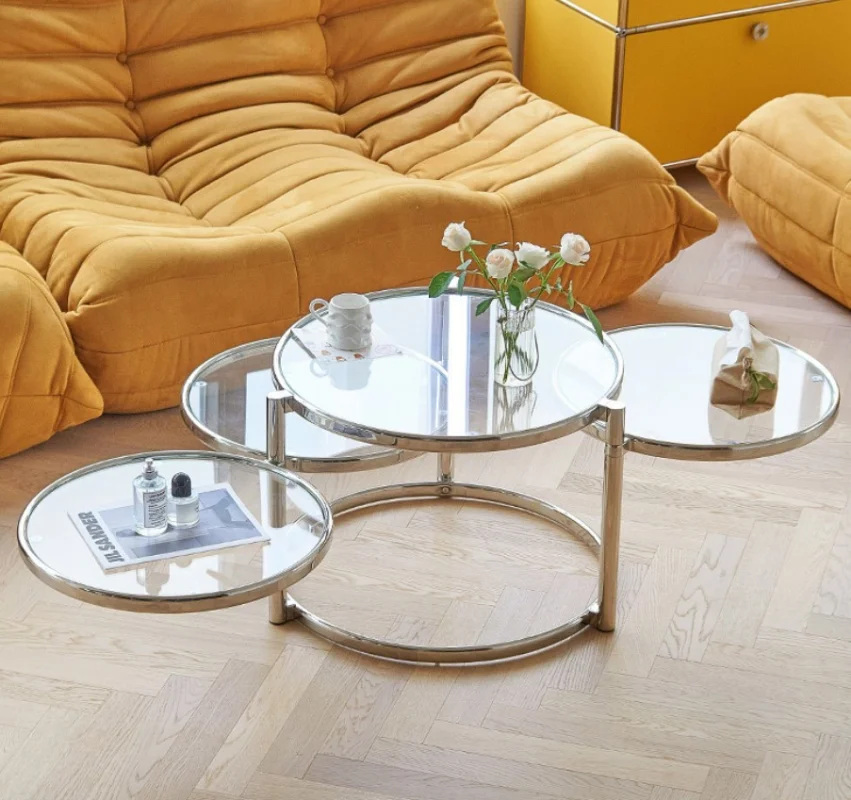 Coffee Table Household Stainless Steel Tea  Light Luxury Living Room with Movable Rotating Edge  In Tempered Glass