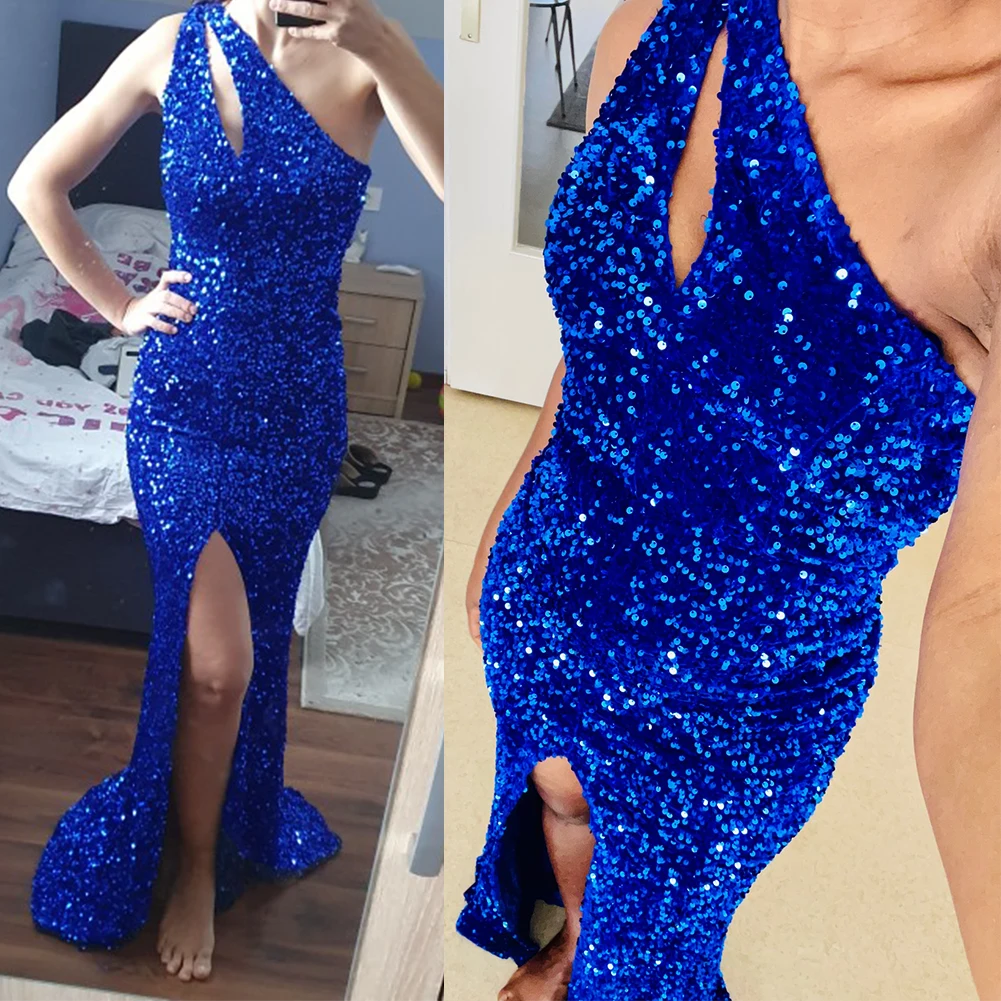 Sexy Hole Cut Out Grey Sparkle Sequins Maxi Dress Stretch Split Sleeveless Floor Length Mermaid Party Dress Blue