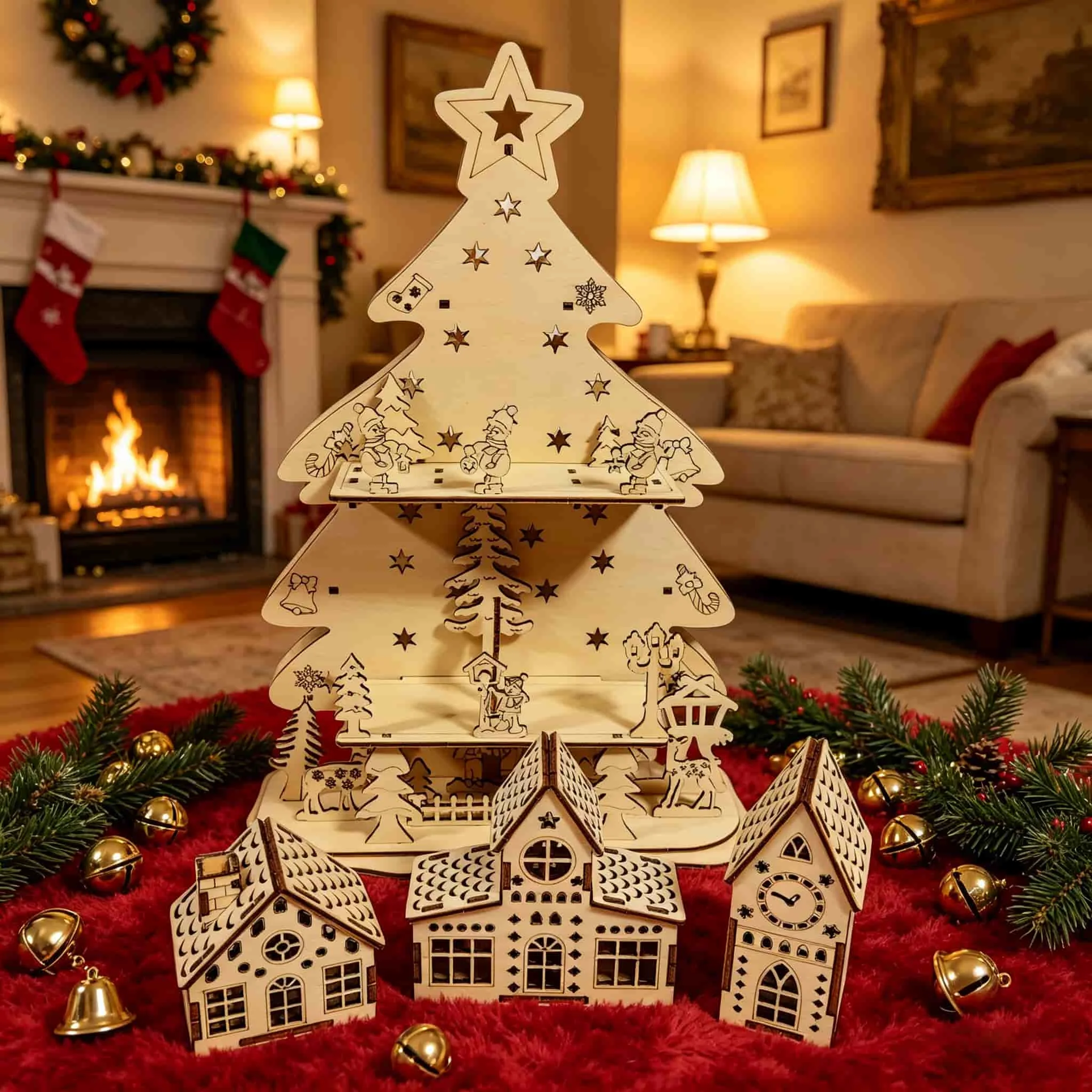 DIY Christmas Tree Village 3D Wooden Puzzle, Winter Town Scene Xmas Desktop Decor Gift