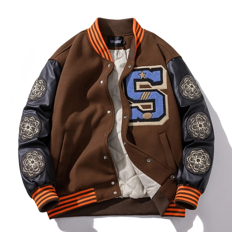 Winter Varsity Jacket Men Leather Sleeve Thick Warm Baseball Jacket Women Patchwork Woolen Coat Hip Hop Parkas Button Brown Red