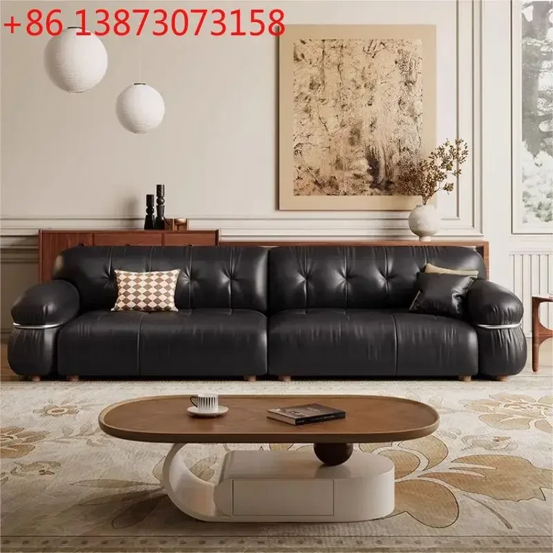 Medieval black steel ring leather sofa living room Internet celebrity retro small apartment straight row first layer sofa