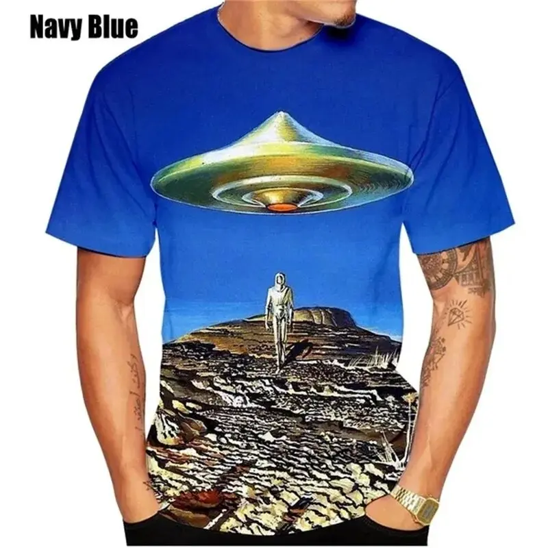 Nave espacial masculina com gola redonda camiseta de manga curta, blusa esportiva casual, nova moda verão, plus size