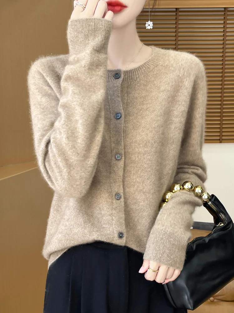 Spring Autumn Women 100% Merino Wool Cardigan Soft O-Neck Cashmere Sweater Knitwear Casual Top Clothing Korean Elegant Style