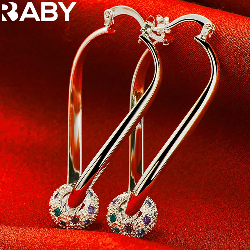 URBABY 925 Sterling Silver Multicolour Zircon Hoop Earrings For Women Wedding Engagement Party Fashion Jewelry Accessories