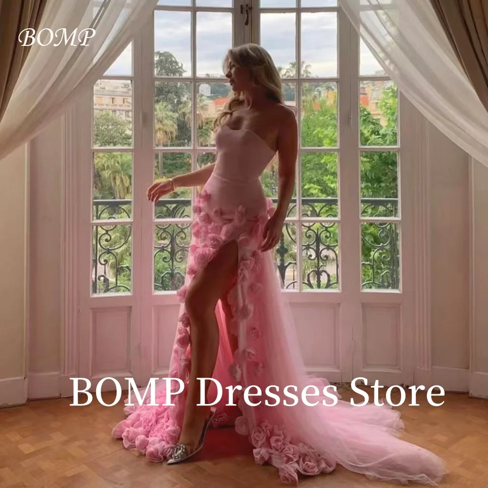 BOMP exquisito vestido de fiesta de noche rosa sin tirantes con abertura lateral vestido de fiesta de gasa Arabia Saudita personalizado فساتmavera