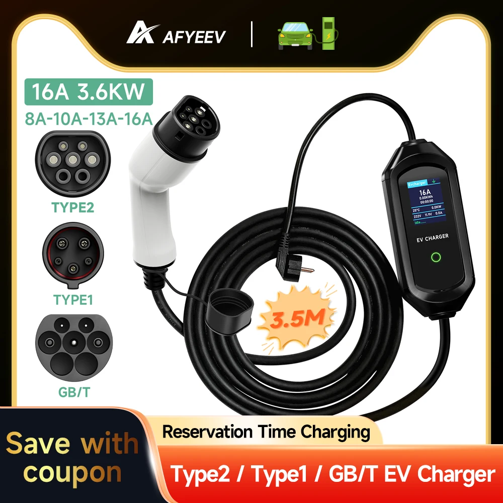 Cargador EV portátil para coche eléctrico, Cable de carga EVSE, tipo 1, SAE J1772, enchufe europeo, caja de pared, IEC62196-2, 16A