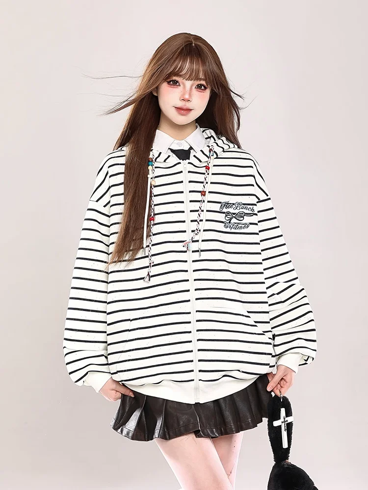 

Синий полосатый кардиган-худи женский, весна-осень, свободный крой, с двойной молнией, удлиненный, с хлопковой подкладкой