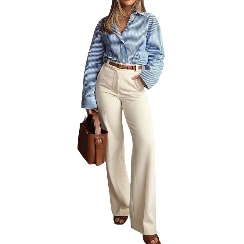 Two Piece Sets Women Pant Set Striped Print Casual Turn Down Collar Full Sleeve Shirt Tops High Waist Wide Leg Long Pants