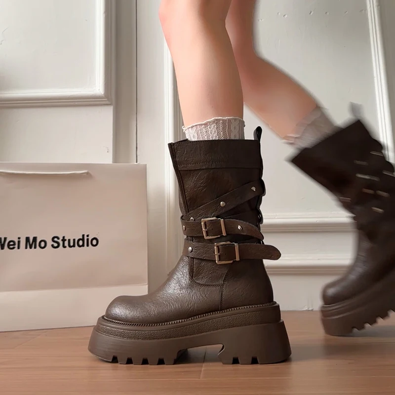 Lined Warm Women Platform Mid Calf Boots Multi Buckle Strap Faux Leather Shoes Casual Autumn Thick Sole Motorcycle Boots