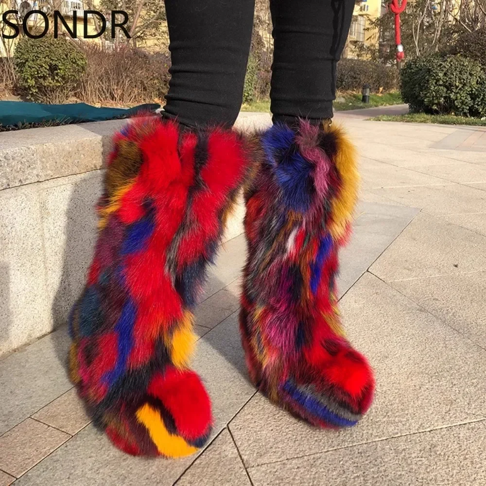 Womens Round Toe Knee Thigh Boots Real Fox Fur Furry Hidden High Heel Warm Winter Snow Shoes Rainbow Colors New 2024