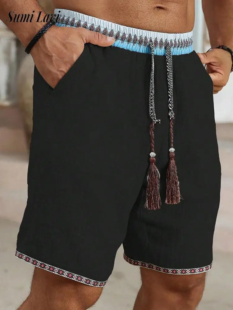 

Модные мужские свободные дышащие шорты для лета, повседневные, с завязками, в стиле пэчворк, с этническим принтом