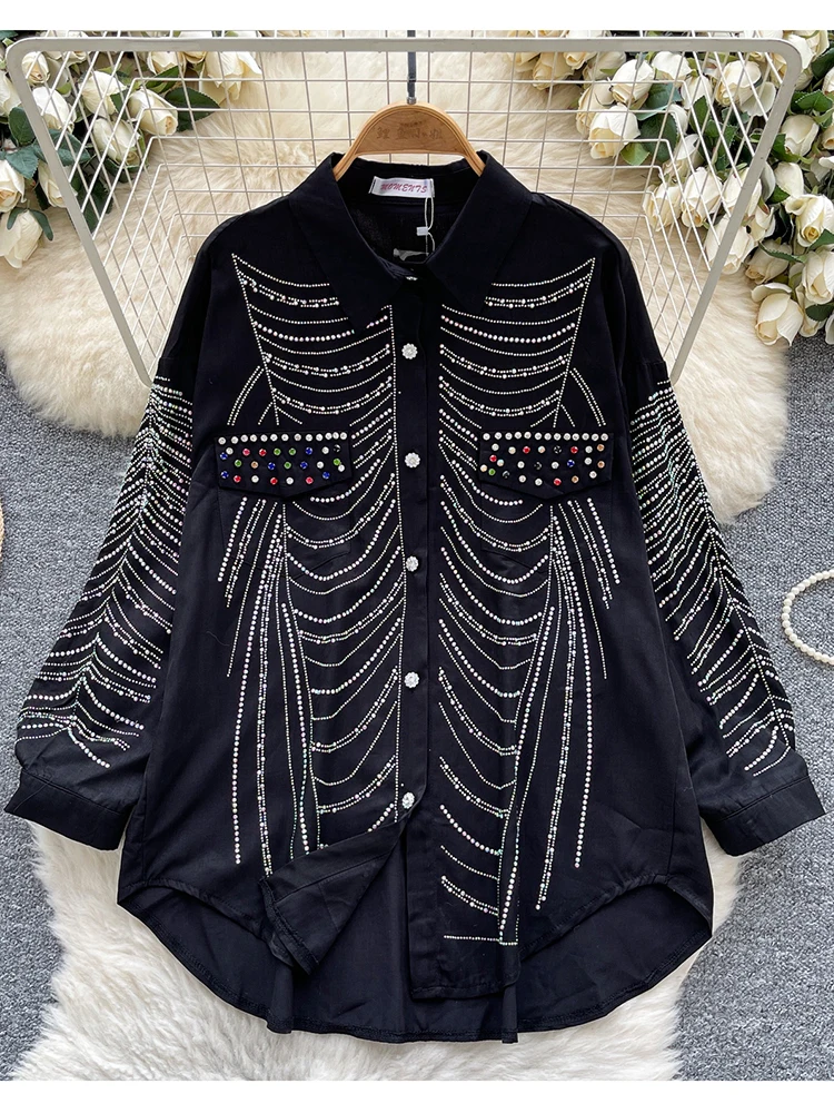 Printemps automne mode européenne diamant chaud à manches longues Blouse pour les femmes nouveau grand décontracté ample simple boutonnage petit haut C321