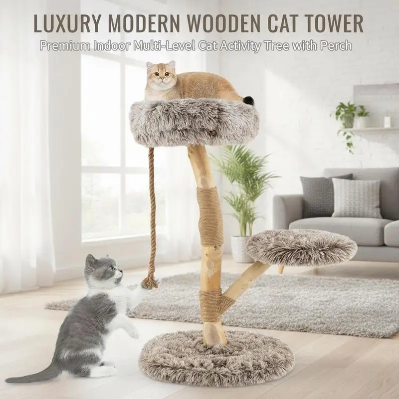 Arbre à chat moderne en bois avec perchoir et poteaux à gratter en jute naturel - Marron, Arbre à chat multi-niveaux, mobilier pour chat d'intérieur, centre d'activités et espace de jeu pour chat