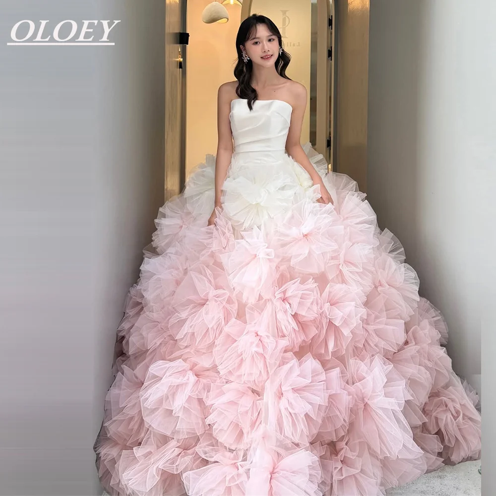 OLOEY Luxury Strapless A-Line Korea Wedding Dresses Ivory Pink Big Flowers Bridal Gown Customized Lacing Back Vestidos De Novia