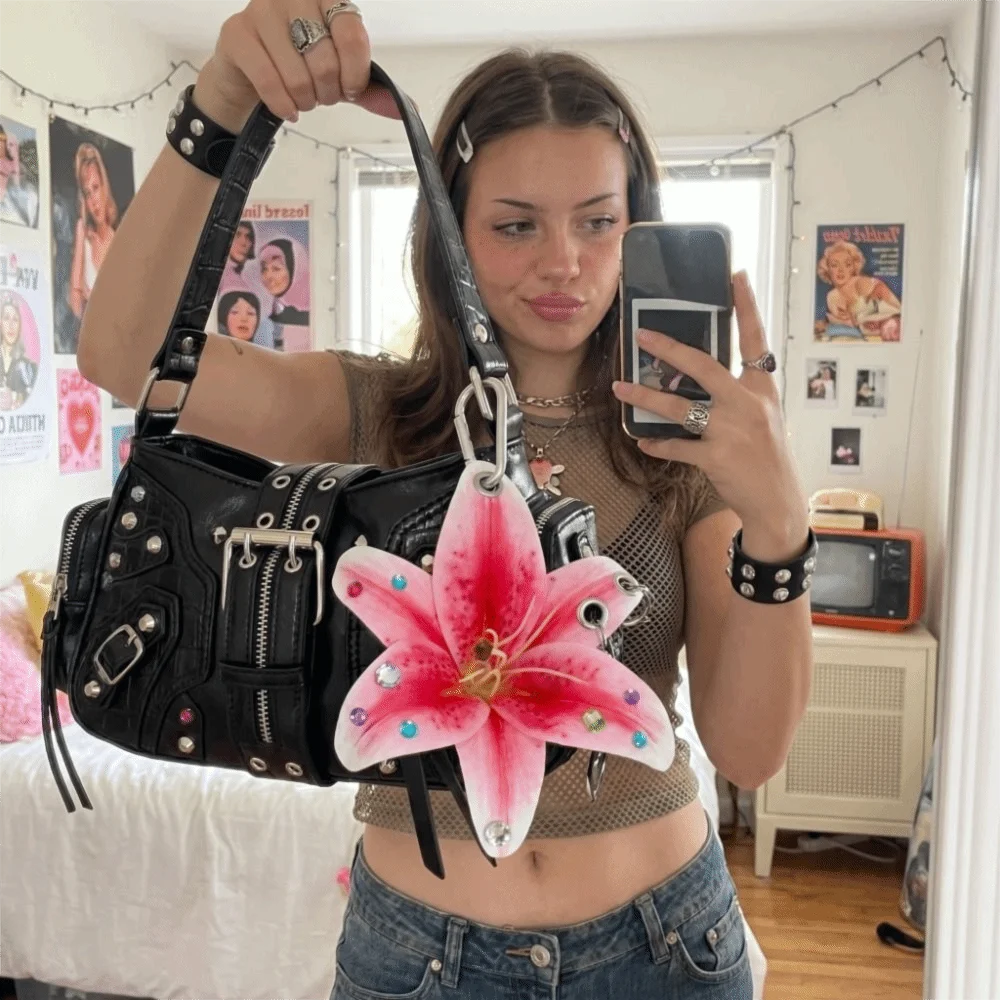 Phalaenopsis Orchid Lilium Brownii Flower Pendant Punk Rivet Colorful Rhinestone Keychain Creative Handmade Bag Charm