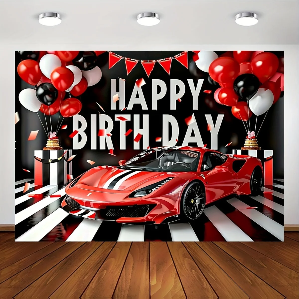 Super Sports Car Racing Birthday Party Background Banner Polyester Happy Birthday Photo Background with Balloon