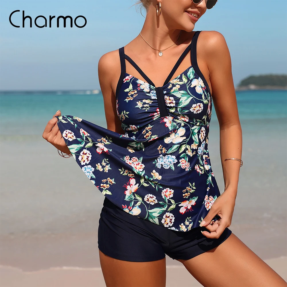 

Charmo Two Pieces Tankini Set For Women Retro Hollow Out Floral Print V Neck Swimsuit