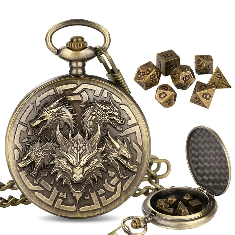 Bronze Five Dragon Head Empty Pocket Watch Case FOB Chain 7pcs Tiny Metal Polyhedral Dice Set Entertainment Dices for RPG Gaming