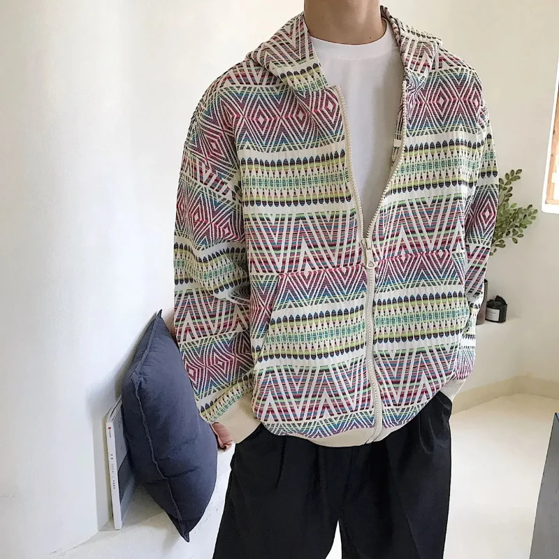 

Autumn High Street Korean Vintage Hoodies Japanese Colorful Knitted Cardigan Popular Hooded Coats Men's Zipper Coat Trendy Tops